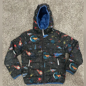 Hanna Andersson boy's space print black hooded puffer jacket, size 140 / 10.